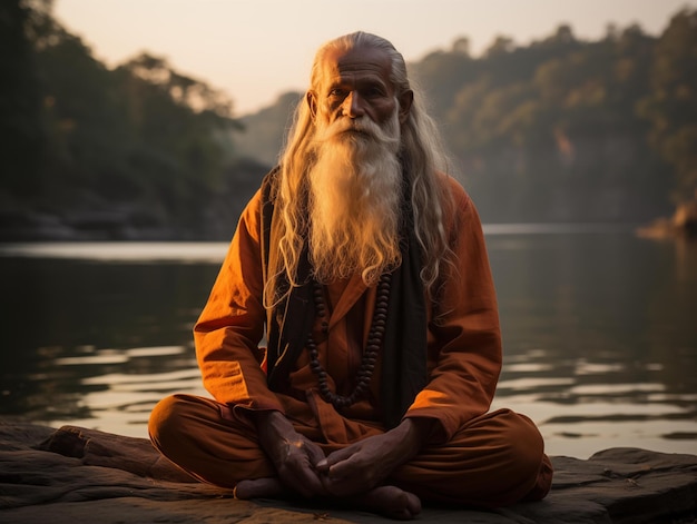 Foto a sadhu meditando ao lado do rio ao amanhecer na índia