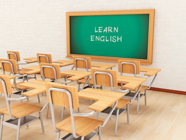 A sala de aula e o quadro 3d vazios com aprendem o inglês.