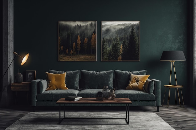 A sala de estar apresenta um design moderno e aconchegante com um sofá verde escuro e almofadas amarelas