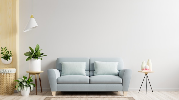 A sala de estar com parede branca tem sofá e decoração, renderização em 3d