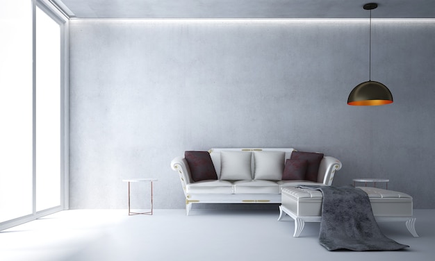A sala de estar moderna e a simulação de decoração de móveis e fundo de parede de concreto branco