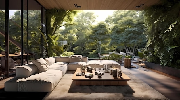 a sala de estar perfeitamente integrada com a natureza