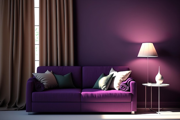A sala de estar tem uma parede roxa com um sofá marrom claro e uma mesa