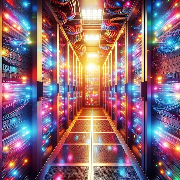 A sala do servidor no rack com luzes de cabos coloridos brilhantes em que hospeda a rede do centro de dados