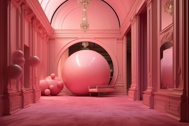 A Sala Rosa com uma Bola Esférica Rosa e Iluminação Suave Generativa Ai