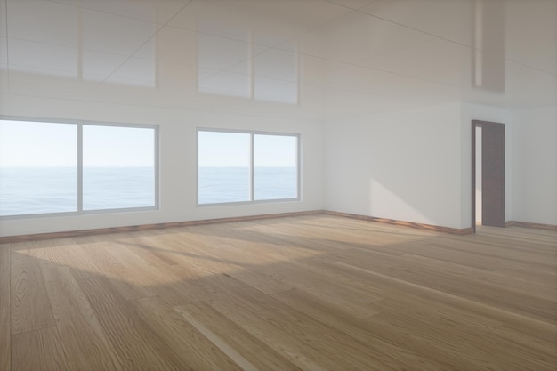 A sala vazia com piso de madeira fora da janela é a renderização 3d do mar