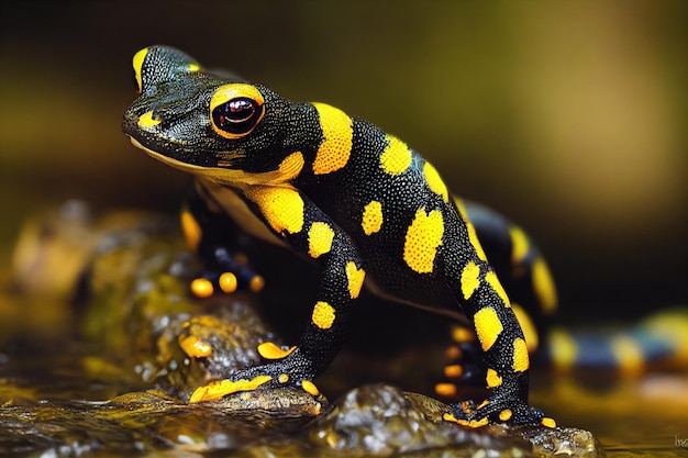 A salamandra anfíbia escura banha-se na água durante o dia quente