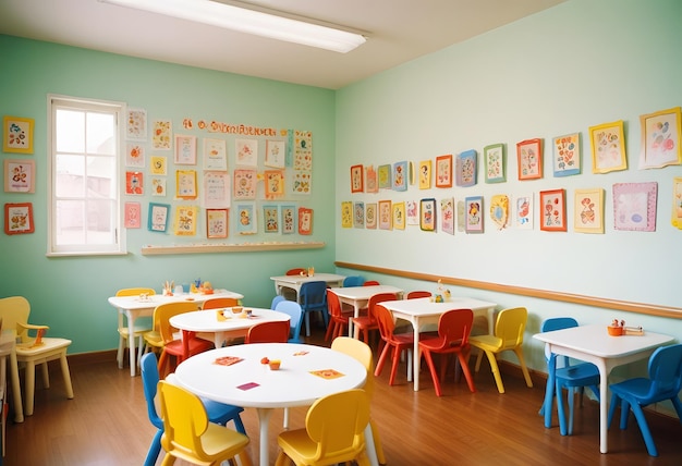 Foto a school classroom with colorful chairs and tables for children