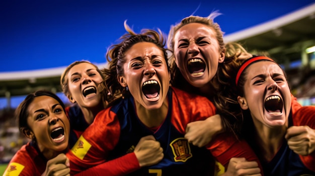 A seleção feminina de futebol da Espanha celebra uma vitória no estádio da liga feminina