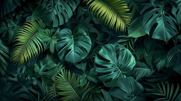 A selva com folhas de cores escuras atmosfera exótica folhas tropicais fundo