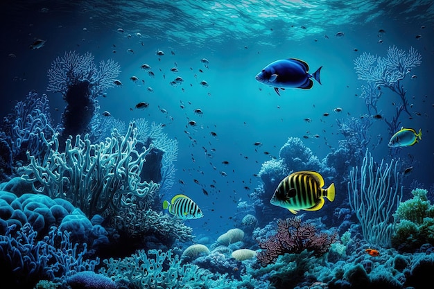A selvageria do mar azul, o oceano do mundo e o impressionante submarino