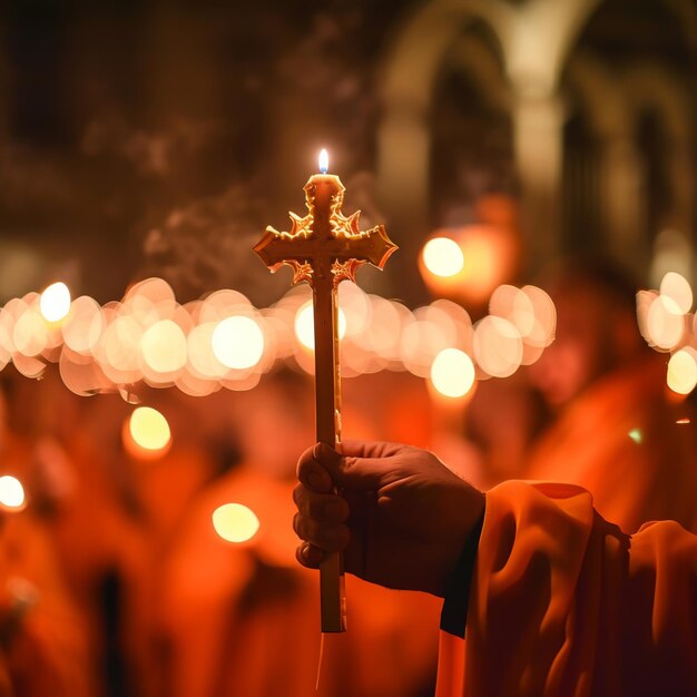 Foto a semana santa com procissões e orações segurando uma cruz cores vivas