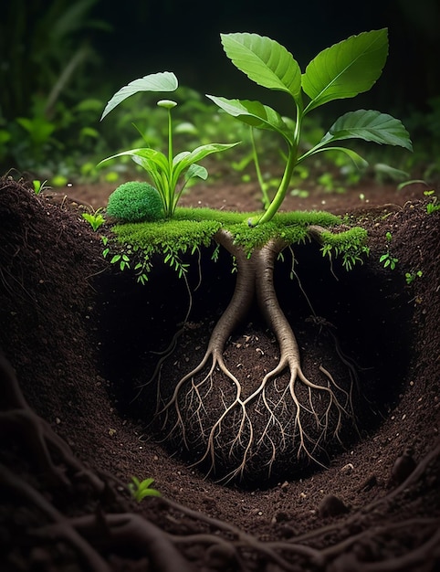 A semente do crescimento Uma pequena semente aninhada em raízes vibrantes