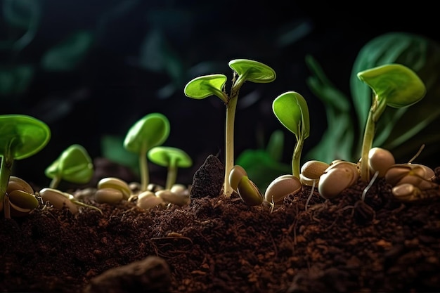 A semente do feijão está crescendo na natureza do solo Conceito de poupança e investimento IA generativa