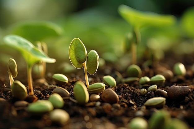 A semente do feijão está crescendo na natureza do solo Conceito de poupança e investimento IA generativa