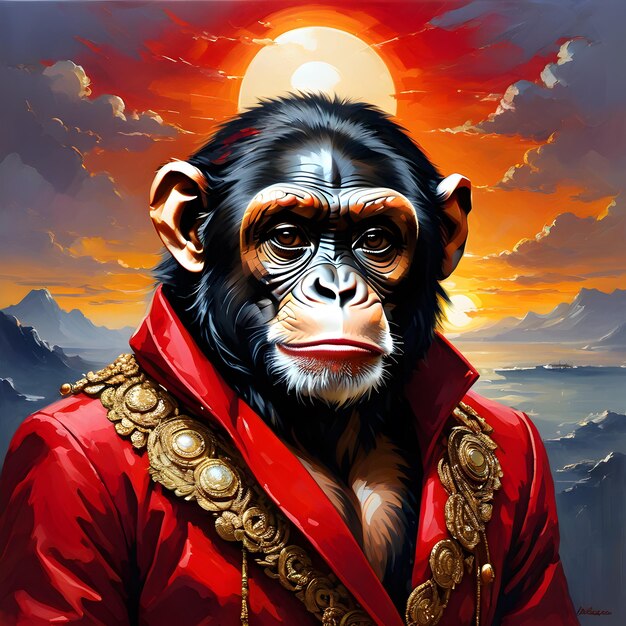 A senhora chimpanzé antropomórfica nesta pintura a óleo está vestida com um elegante casaco vermelho.