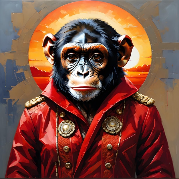 A senhora chimpanzé antropomórfica nesta pintura a óleo está vestida com um elegante casaco vermelho.