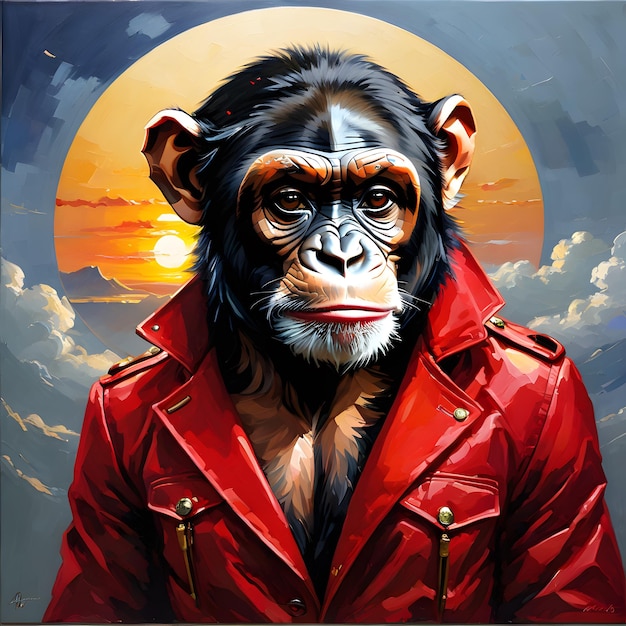 A senhora chimpanzé antropomórfica nesta pintura a óleo está vestida com um elegante casaco vermelho.