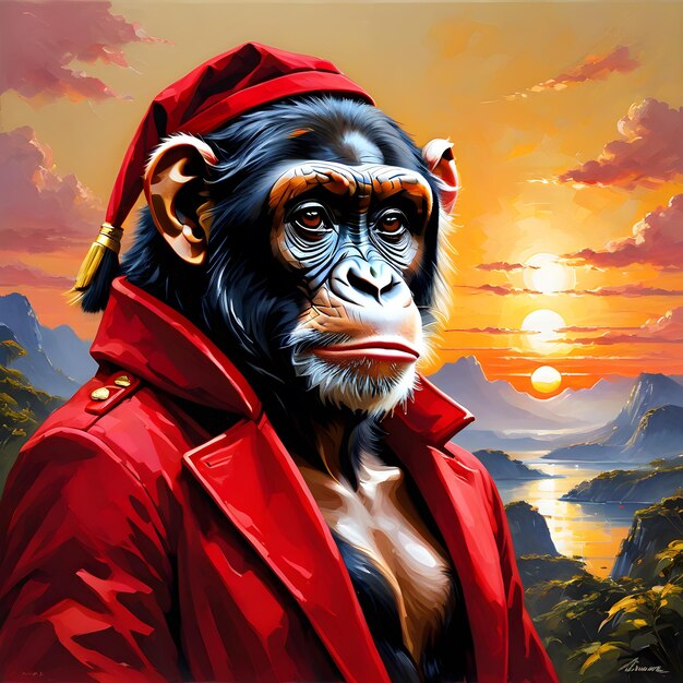 A senhora chimpanzé antropomórfica nesta pintura a óleo está vestida com um elegante casaco vermelho.