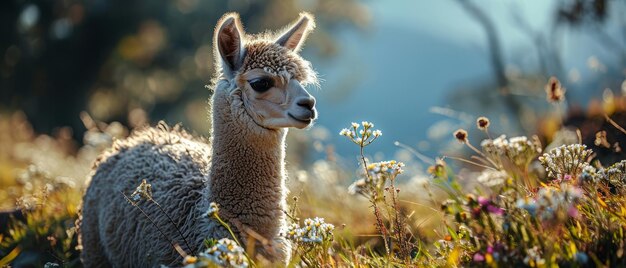 A serena alpaca no prado de flores silvestres ao pôr-do-sol