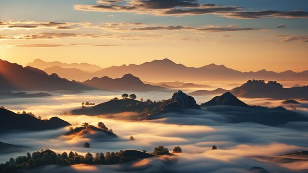 A serena luz do amanhecer banha as montanhas nebulosas no calor