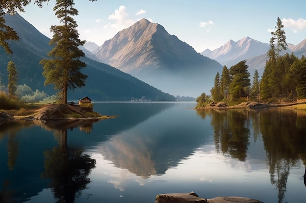 a serenidade de uma cena tranquila à beira de um lago onde a água espelha as montanhas circundantes