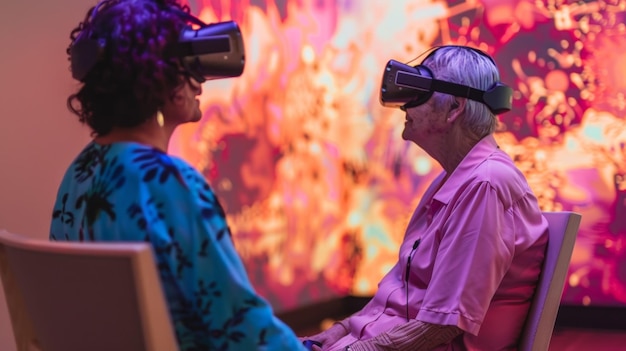 Foto a sessão com um paciente enquanto ele usa a tecnologia de realidade virtual para explorar e expressar o seu