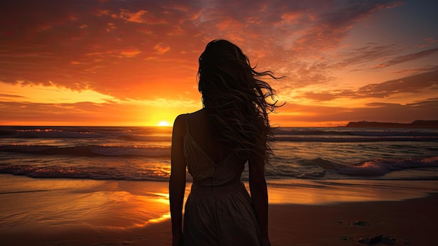 A silhueta da mulher assistindo o pôr do sol na praia