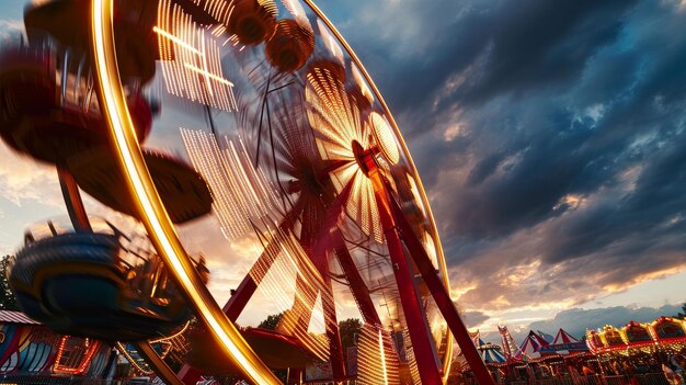 A silhueta da roda gigante contra o céu da noite em um carnaval de um parque de diversões