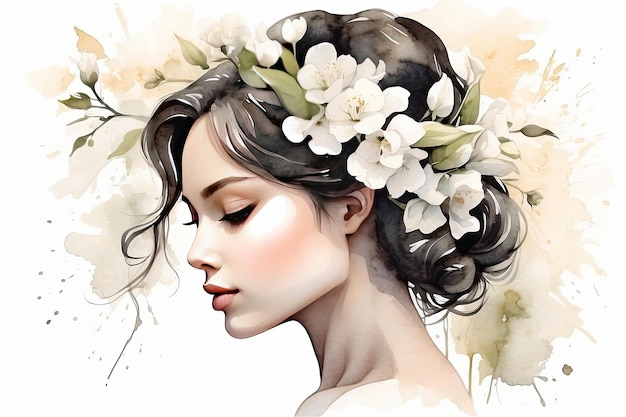 A silhueta de aquarela de uma mulher asiática com delicadas flores brancas de primavera em seu cabelo é um retrato de primavera e verão.