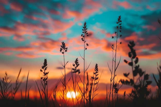A silhueta de gramíneas selvagens se destaca contra os tons ardentes de um céu de pôr-do-sol que evoca um fim pacífico do dia