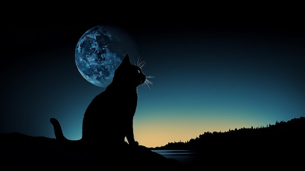 A silhueta de um gato contra uma lua cheia uma cena assombrosamente bonita de quietude noturna