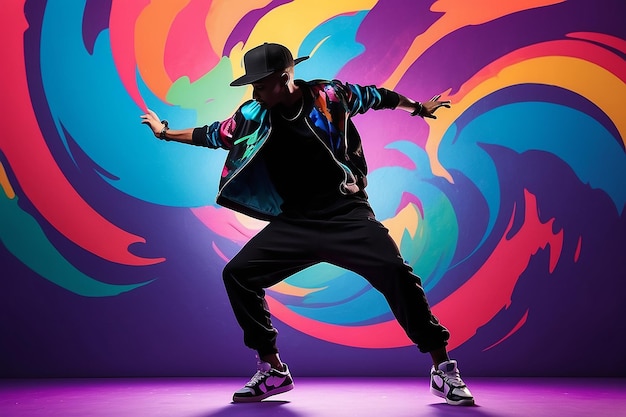 A silhueta de um jovem dançarino de break do hip hop dançando em um fundo colorido