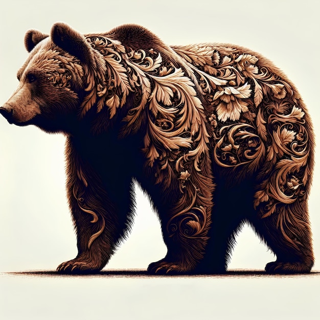 A silhueta de um majestoso urso pardo que lembra uma antiga obra de arte gravada