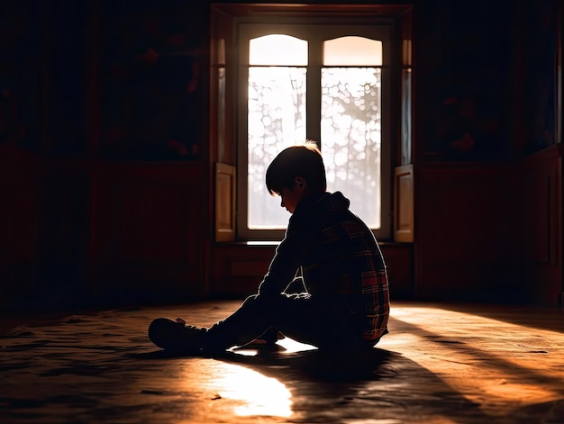 A silhueta de um menino sentado no chão em frente a uma janela em um quarto escuro