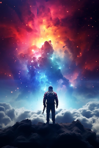 A silhueta de um viajante espacial contra o fundo de uma nebulosa colorida foto realista