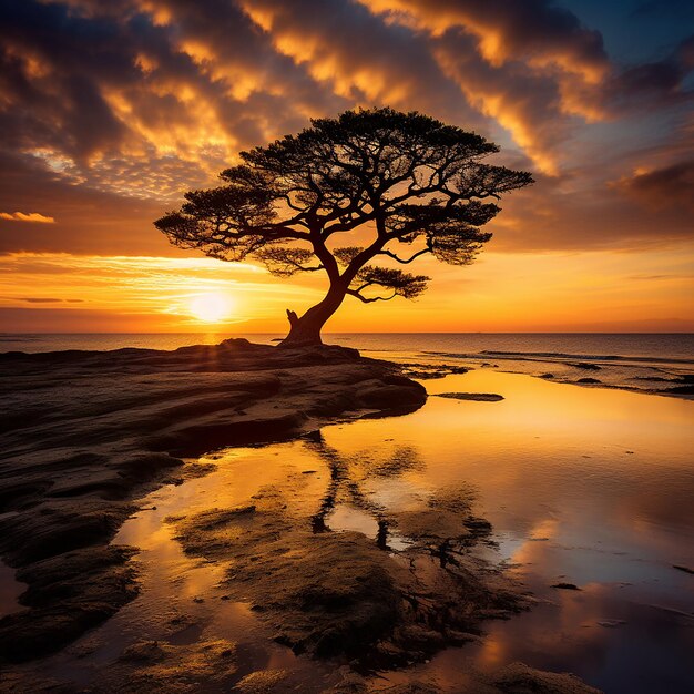A silhueta de uma árvore solitária ao pôr-do-sol