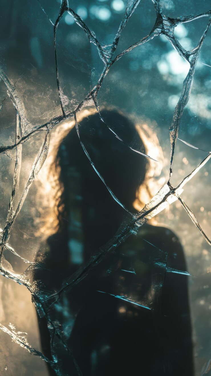 A silhueta de uma mulher é vista através de vidro quebrado criando uma sensação de vulnerabilidade e fragilidade