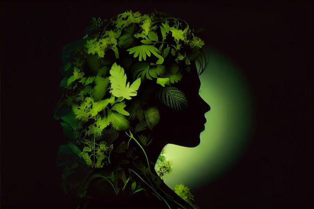 A silhueta de uma mulher em um mundo verde de fundo preto aprecia a natureza Generative AI