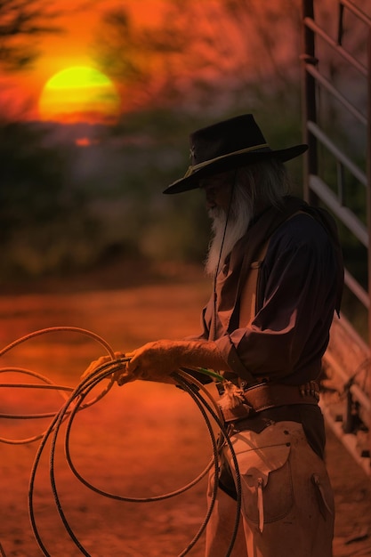 Foto a silhueta do cowboy e o pôr do sol