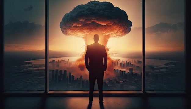 A silhueta do empresário no escritório olha pela janela para uma enorme explosão de bomba nuclear na cidade