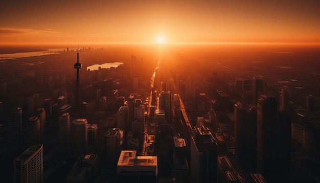 A silhueta do horizonte da cidade moderna brilha na luz azul do pôr-do-sol gerada pela ia
