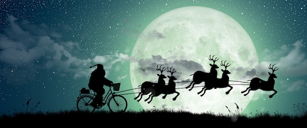 A silhueta do papai noel começa a se mexer para cavalgar em sua rena feliz natal e boas festas