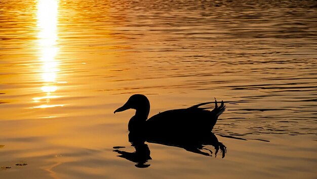 A silhueta do pato em uma água no projeto paisagístico do pôr do sol