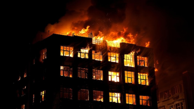 Foto a silhueta escura de um edifício envolto em chamas suas janelas iluminadas com o flamejante