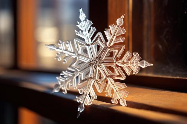 Foto a snowflake in closeup lies on the windowsill of a wooden house the concept of warmth and comfort of a country vintage vacation in the forest