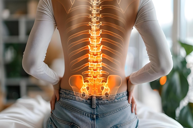 Foto a sobreposição digital da coluna vertebral e dos quadris humanos destaca a saúde musculoesquelética