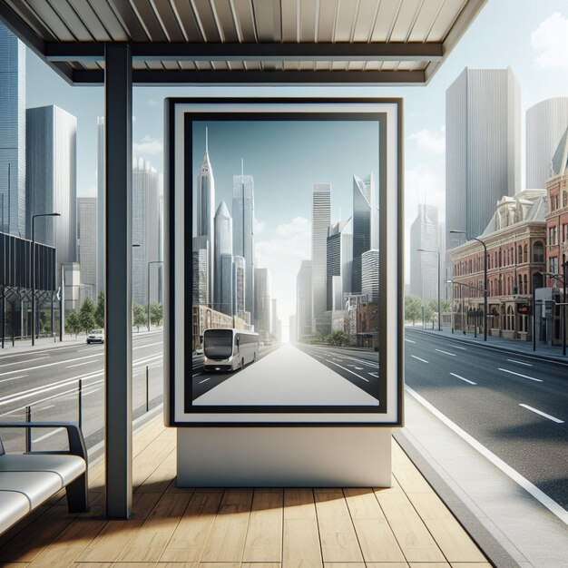 a sofisticação urbana encontra o marketing digital com um pôster branco em uma movimentada estação de ônibus