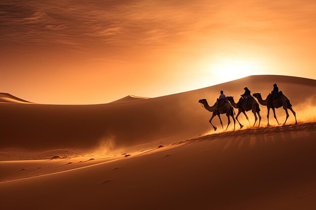 A solidão dos nômades do deserto atravessando as dunas sem fim