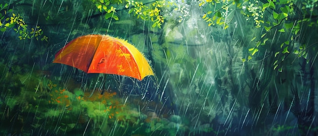 A solidão na tempestade Um guarda-chuva vibrante na floresta encantada Pintura digital